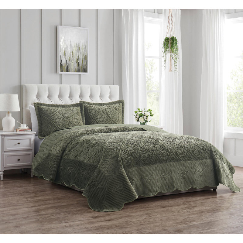 Ensemble de couvre-lit matelassé moelleux Westland, Couvre-lit double et 2 taies décoratives, Olive Moss