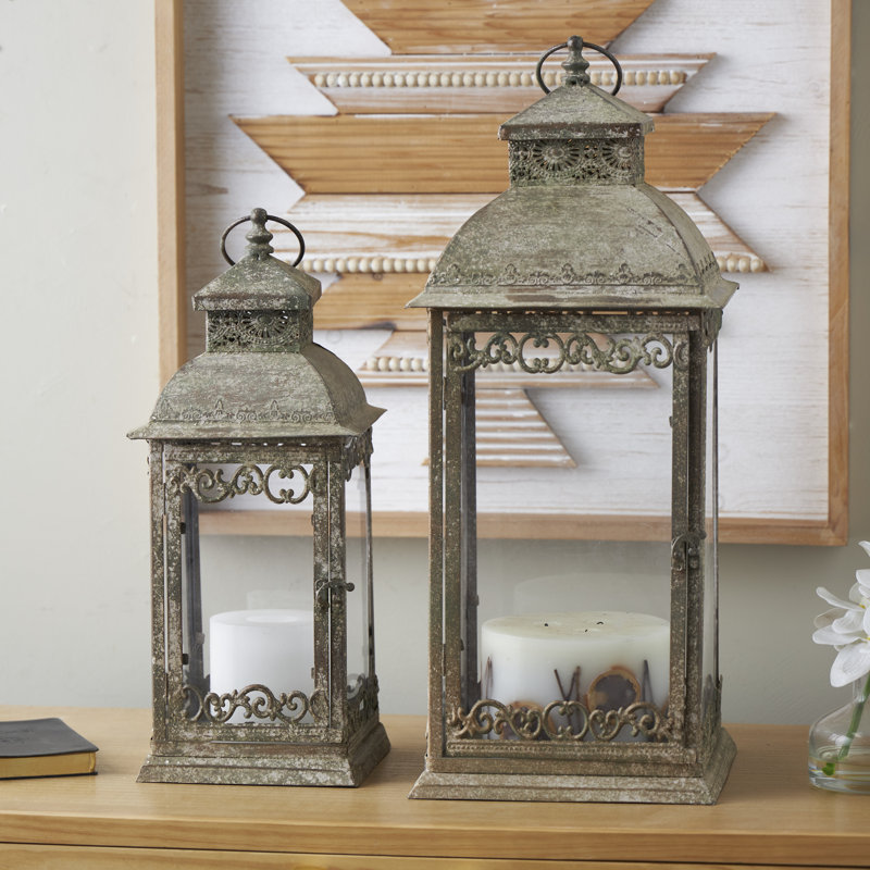 Cole And Grey Metal Distressed Vintage Inspired Ornate Scroll Candle Lantern