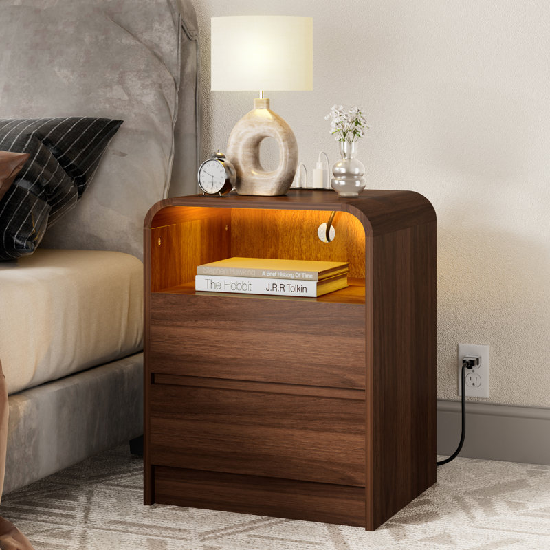  18" Modern Nightstand with Charging Station & Light, 2 Handleless Drawers End Table with Open Shelf, Curved-Edge Surfece, Side Table for Bedroom, Living room
