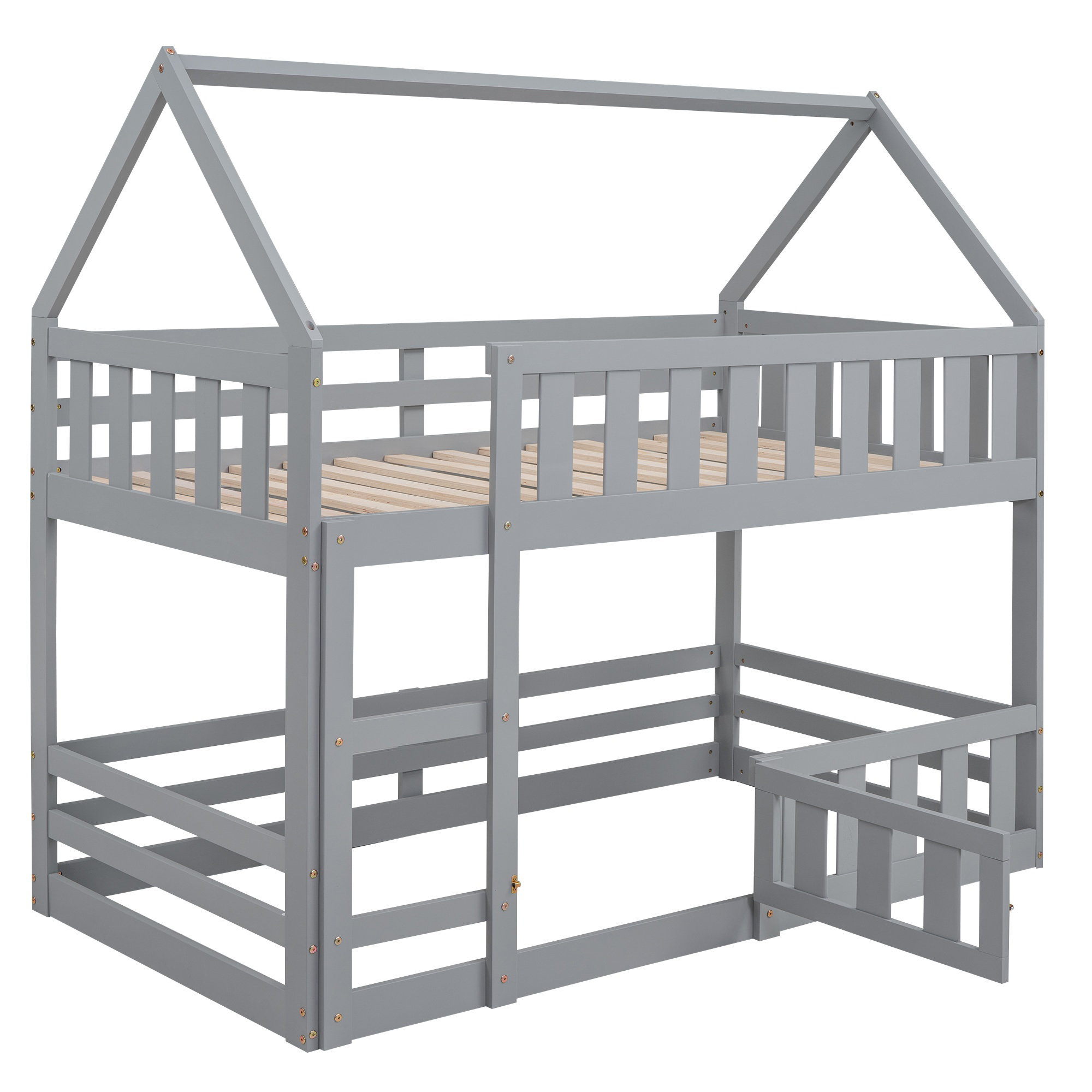 Harper Orchard Twin over Twin House Bunk Bed with Fence and Door ...