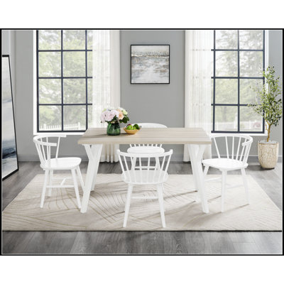 Roundhill Alwynn White And Natural Wood 5-Piece Dining Set, For Modern Elegance And Comfortable Family Meals
