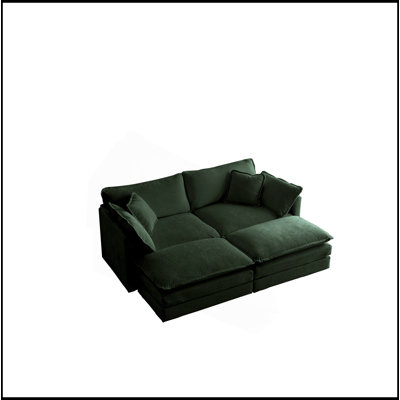 4 - Piece Upholstered Sectional Sofa, 1 - Piece of 2 Seater Sofa and 2- Piece of Ottomans , 2 Seater Loveseat Lounge with Ottomans , Green Chenille