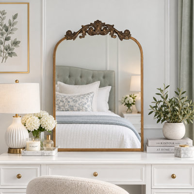 24" x 36" Gold Vintage Wall Mirror, Arched Baroque Frame, Decorative Brass Mirror for Bathroom, Living Room & Entryway