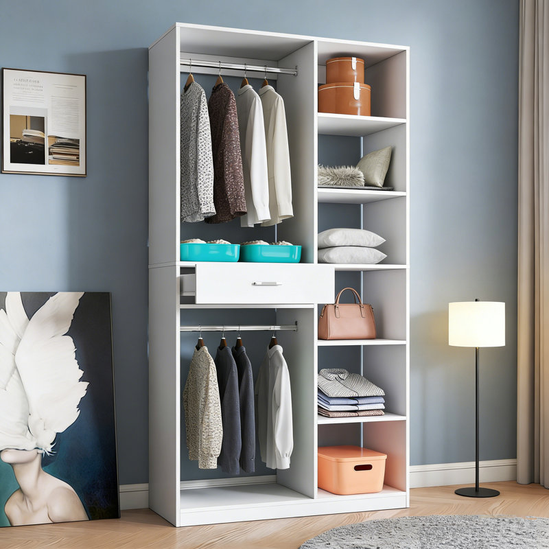 Garde-robe autoportante en bois avec 6 tablettes, 2 tringles et un tiroir
