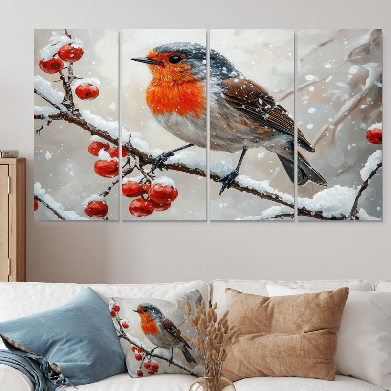 «Winter Robin Bird In The Forest III» - Art mural oiseau - ensemble de décorations murales modernes, H 32 po x l 64 po