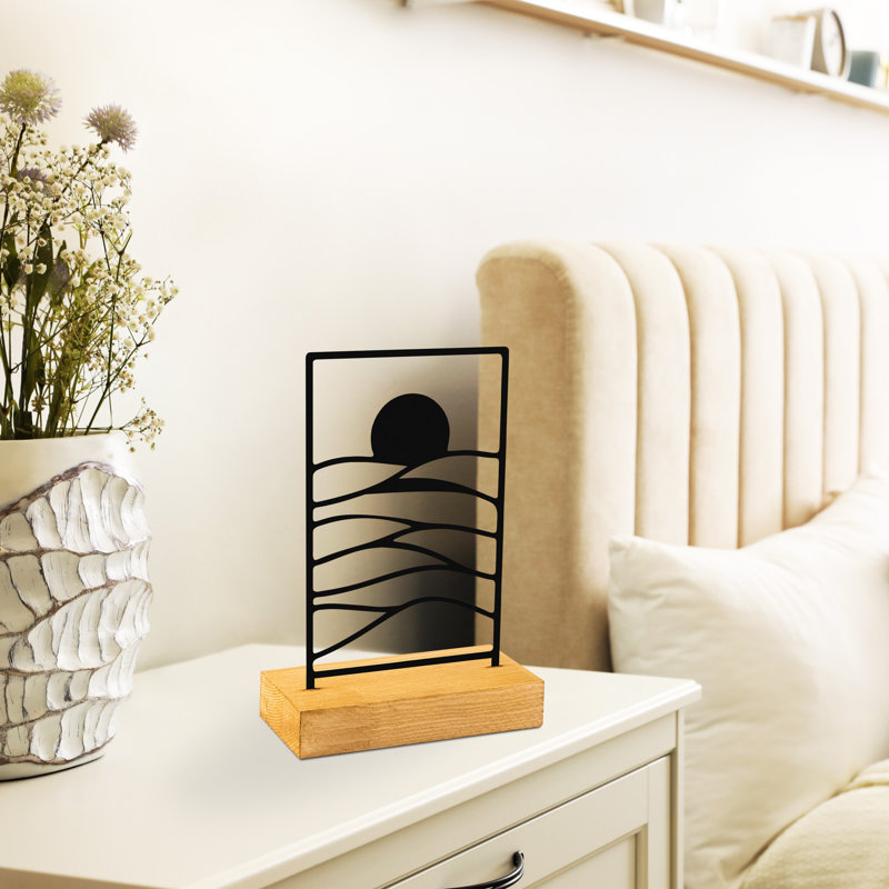 Elegant Decorative Object, Metal & Wood Design, 9.4 x 3.1 x 6.7 inches | 100% Metal (Thickness: 0.06 inches) & 100% Wood (Thickness: 1.6 inches) | Stylish Black & Natural Finish, Ideal for Home Décor & Accent Pieces