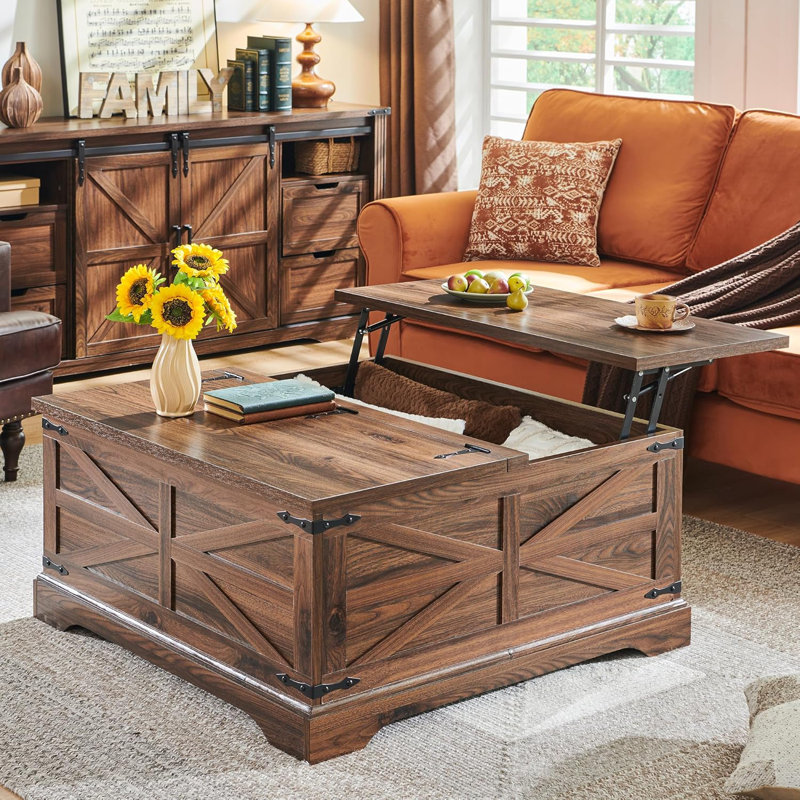 Table basse à plateau relevable Farmhouse, table carrée en bois avec rangement caché 36 po, Brun