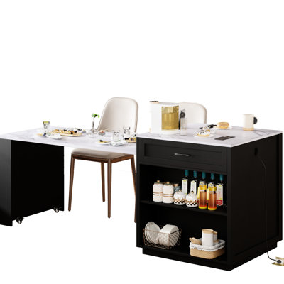 Large Kitchen Island With Expandable Dining Table, Black Faux Marble Countertop, Double Storage, 1 Port, Lockable Wheels Extendable Table For 4-6, Cabinet, Ample 2 Wheels, Type-c Port