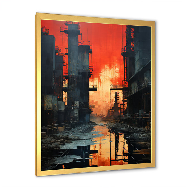 Échos de l'usine cramoisie sur toile, Cadre doré simple, H 44 po x l 34 po x P 1,5 po