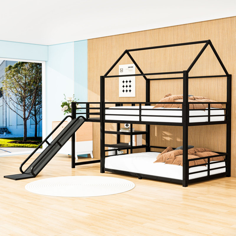 Metal House-Shaped Bunk Bed with Built-in Stairs and Slide, Full over Full