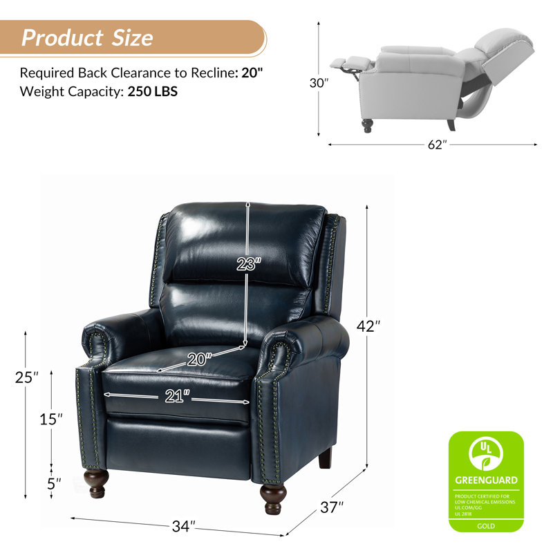 Adeesa Genuine Leather Manual Recliner, Navy Genuine Leather