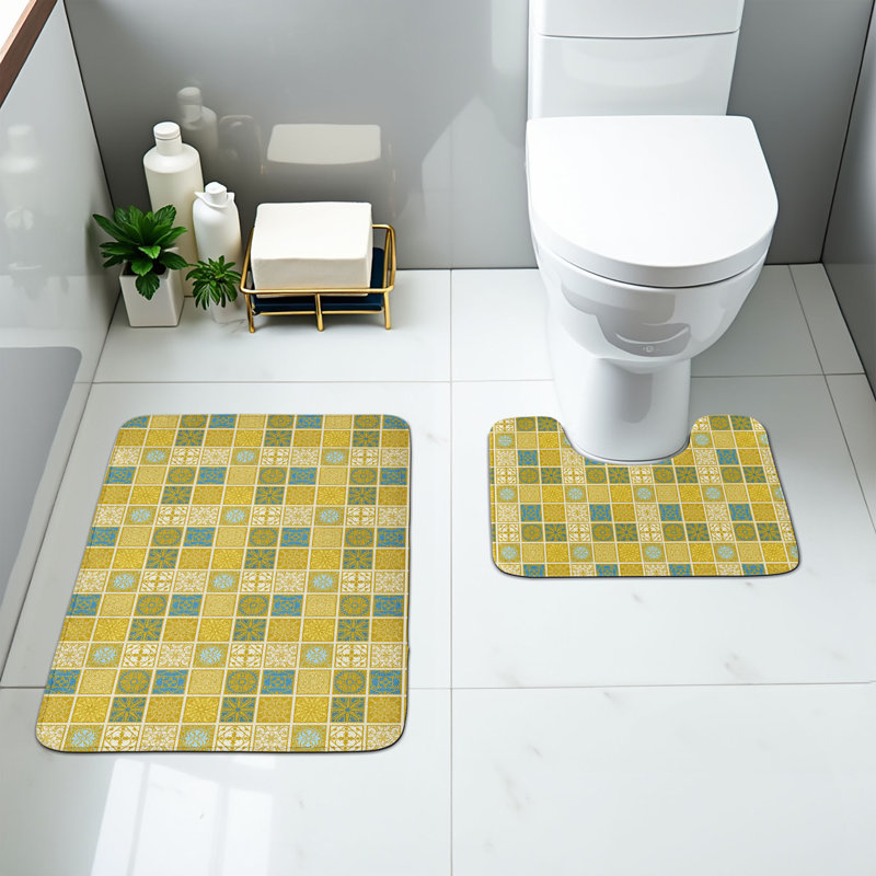 Ensemble de 2 tapis de salle de bain Talavera jaune foncé et multicolore