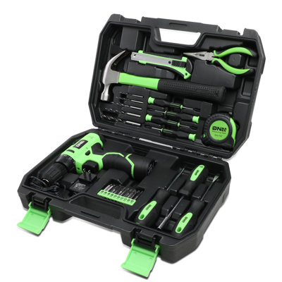 21 Piece Portable Household Hand Tools Kit 12 Volt Cordless Impact Drill/ Driver Storage Tool Box (Blue)