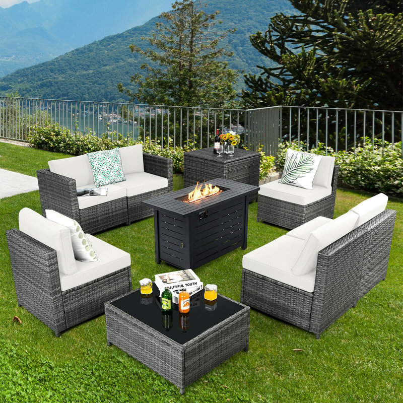 Wicker/Rattan 6 - Person Seating Group with Cushions & 60,000 BTU Fire Pit, Off White