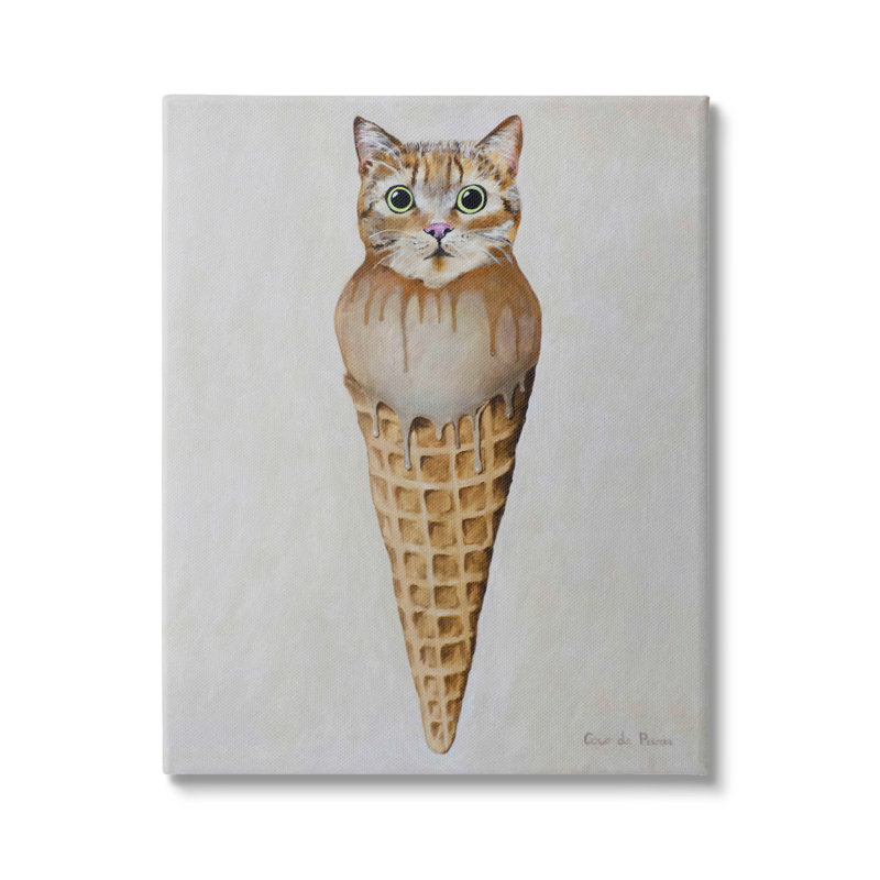 Chat tigré, glace, cuillère, dessert, gaufre, cône par Coco de Paris - Peinture, Toile tendue, H 40 po x l 30 po x P 1,5 po