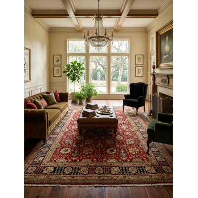 One-of-a-Kind Savoie Traditional Classic Oriental Hand-Knotted 9'7" x 12'10" Wool Red/Cream/Light Blue Area Rug