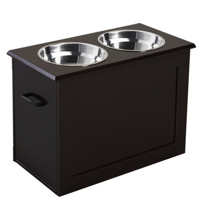 Cadre d'alimentation pour animaux surélevé brun foncé avec 2 bols en acier inoxydable - Soulage la tension sur les grands animaux, pratique à déplacer et à nettoyer, support de rangement surélevé inclus pour animaux de compagnie, réduit le stress