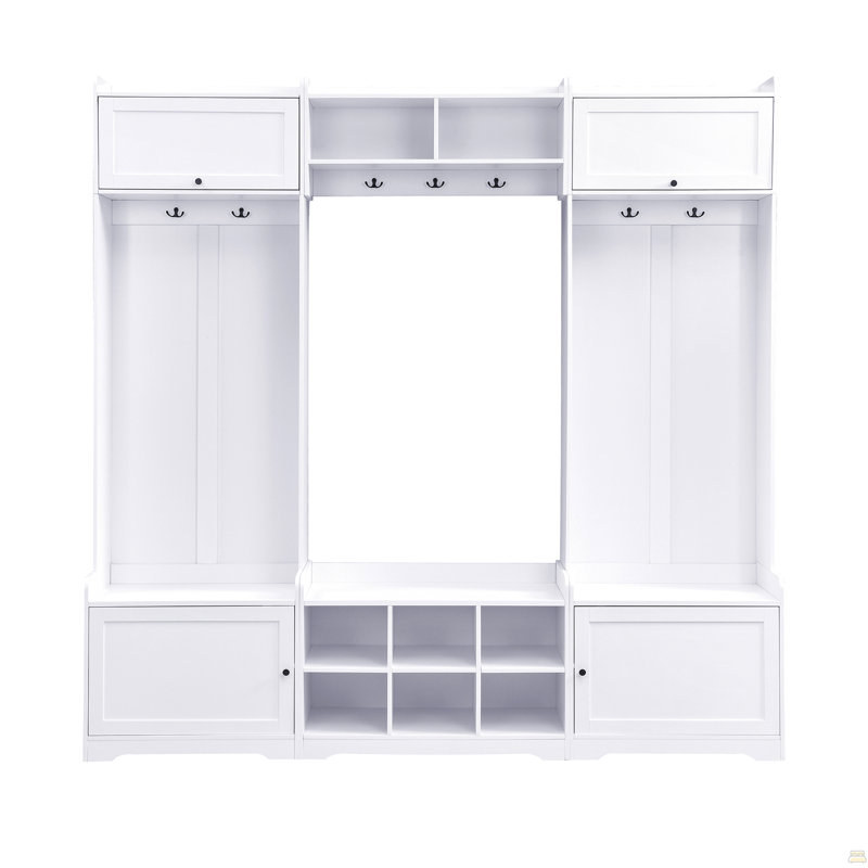79.1''Wide Modern Hall Tree with Shoe Storage, 4-in-1 Entryway Bench with 8 Cubbies, 7 Coat Hooks & Adjustable Shelf for Hallway, living room, White