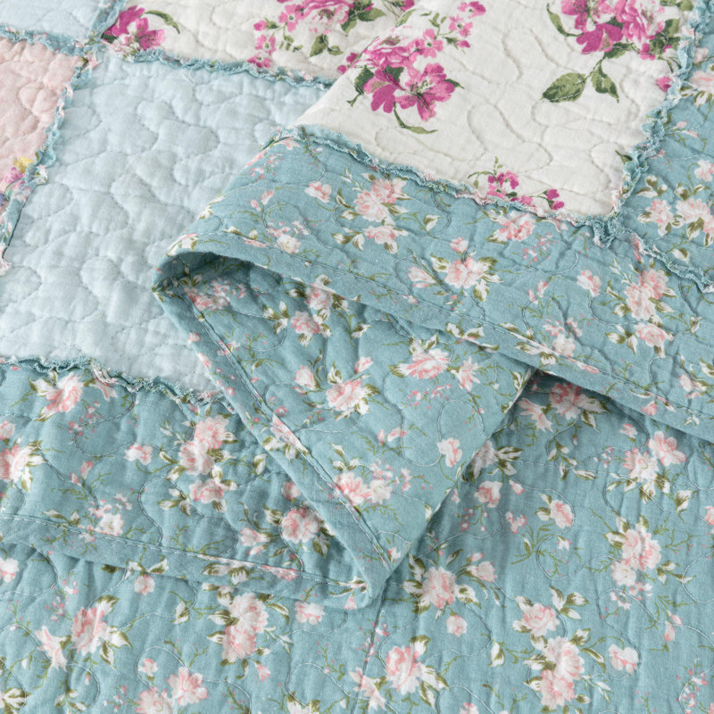 Floral Patchwork Blue and Pink Cotton Throw Blanket