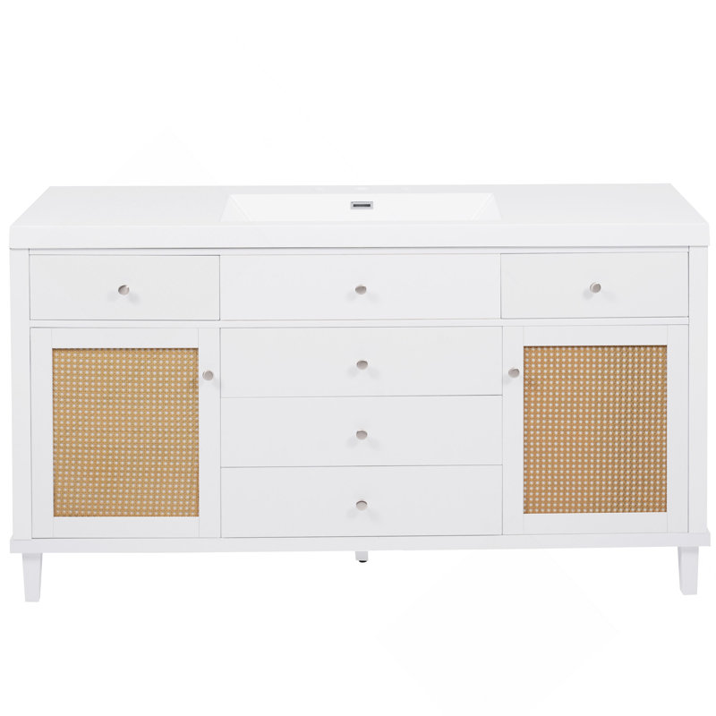 Meuble-lavabo de 60 po avec lavabo SMC, grande armoire de rangement moderne avec tiroirs à fermeture en douceur et portes en rotin, boutons en métal argenté et 5 pieds en pin, blanc