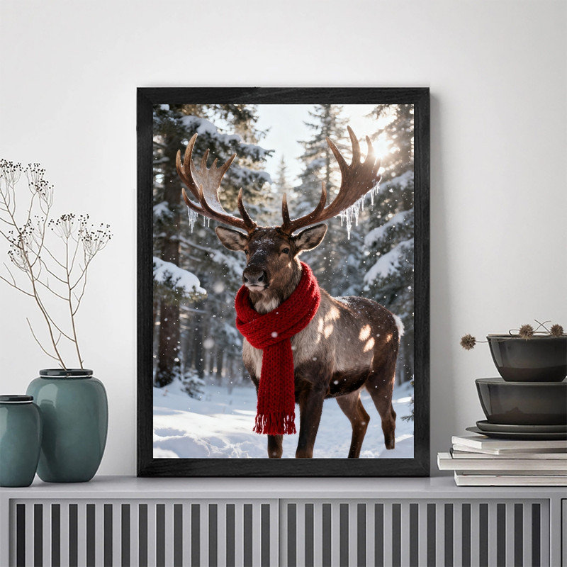 Reproduction d'art encadrée noire de rennes de Noël, H 37 po x l 25 po