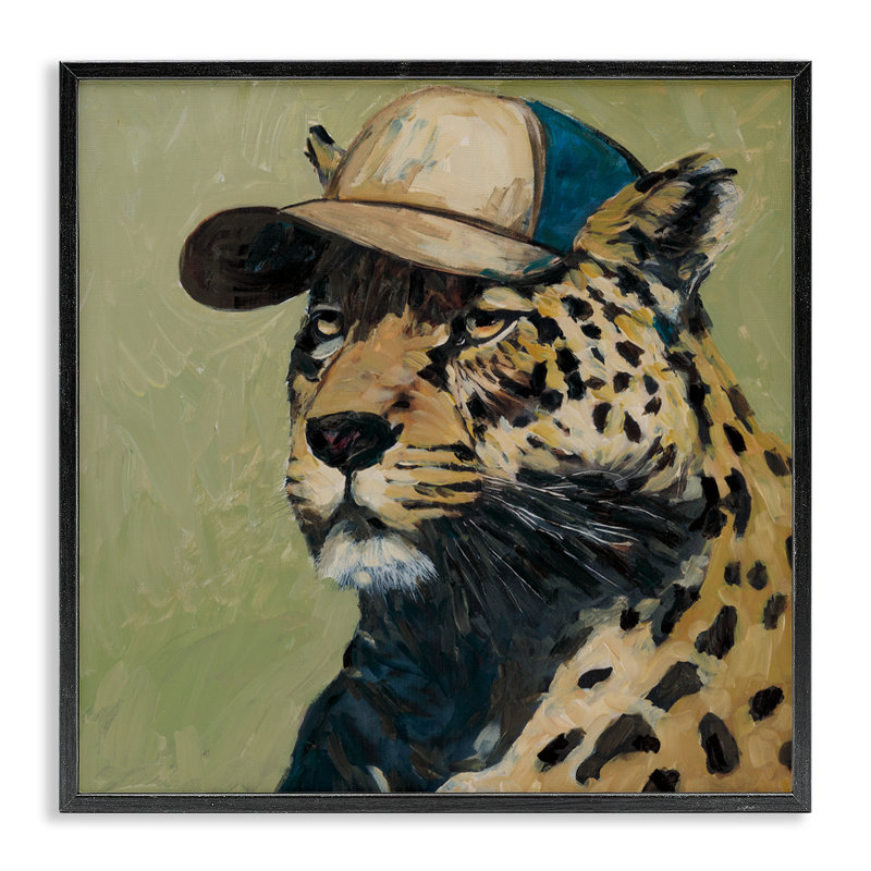 Léopard en casquette de baseball, estampe numérique, design par Wani Pasion, H 12 po x l 12 po, Giclée encadrée noir minuit