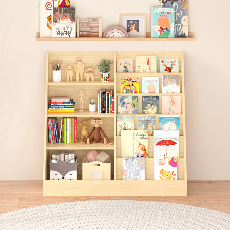 Kids Bookshelf And Toy Storage Organizer, Multifunctional 4 Tier Wooden Display Stand For Playroom And Nursery, Natural
