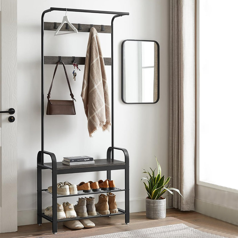 Arbre d'entrée 28 po 4 en 1 pour vestibule, portemanteau avec banc à chaussures, 9 crochets amovibles et tringle à vêtements