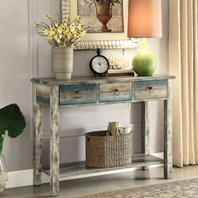 Wooden Console Table In Antique Grey And Teal With Extra Storage Display Features Frame Ample