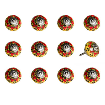 Set of Twelve Yellow And Black Floral Ceramic Drawer Pull Knobs