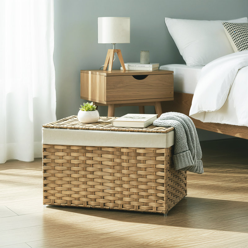 Storage Basket With Lid, 17.2 Gallon (65L) Storage Bin, Woven Blanket Storage Basket With Handles, Foldable, Removable Liner, Metal Frame, For Bedroom, Laundry Room