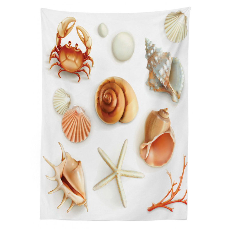 Seashells Tablecloth, Marine Aquatic World Elements Seashells Pearls Crabs Wild Sea Life Image Print, Rectangular Table Cover For Dining Room Kitchen Decor, 52" X 70", Tan Cream
