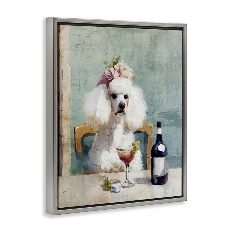Cadre flottant caniche au déjeuner, design par Annabelle Hall, H 21 po x l 17 po, Cadre flottant gris lustré