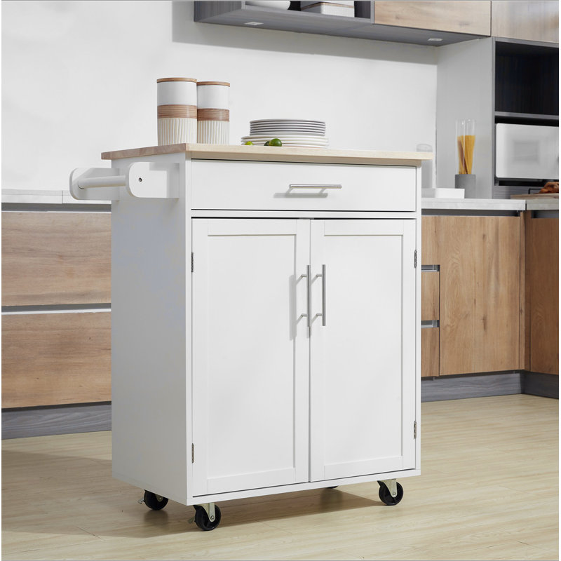 Îlot de cuisine avec chariot, tiroir, armoire de rangement et porte-serviettes, Blanc