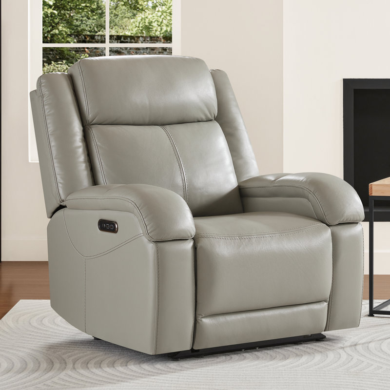 Genuine Leather Zero Wall Power Recliner with Adjustable Headrest, Gray
