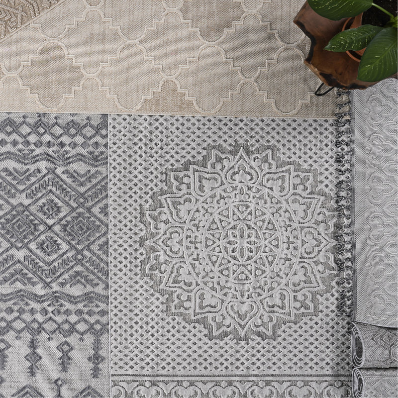 Tapis médaillon 5X7 gris et blanc - Tapis d'aspect moderne, Rectangle 5' x 7'