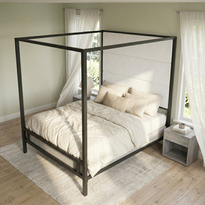 Queen\King Metal Canopy Bed with Linen\Velvet‑Upholstered Headboard