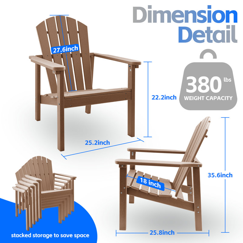 All Weather HDPE Stackable Adirondack Chair,Space-Saving Outdoor Patio Chair,4Pcs, Brown