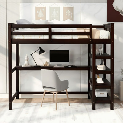 Full Size Wood Loft Bed With Pine Components, Built-in Desk , Storage Shelves &  Guardrails, Space-saving Bedroom/dorm Bed, No Box Spring Required
