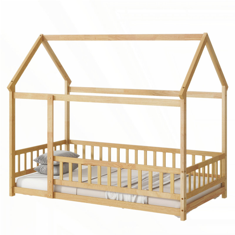 Lit en bois avec structure de toit House House, Naturel, Simple