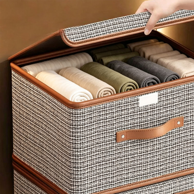 Oversized Foldable Cotton Linen Fabric Storage Cube with Flip Lid & Handles, Wardrobe Closet Clothes Organizer