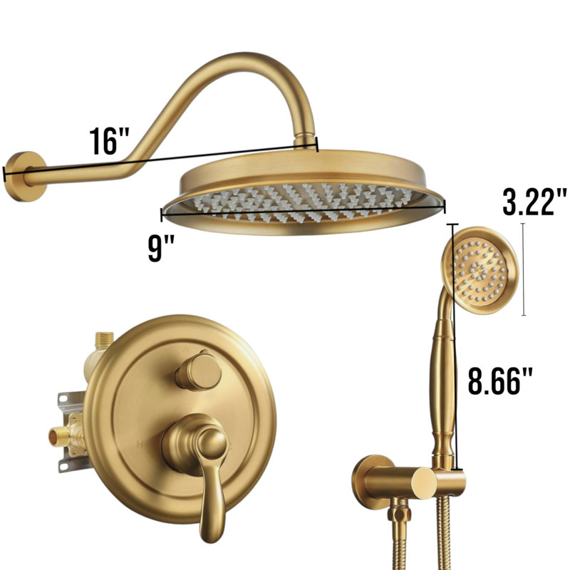 Système de douche complet rétro avec valve brute et pomme de douche à pluie 9 pouces, Or brossé