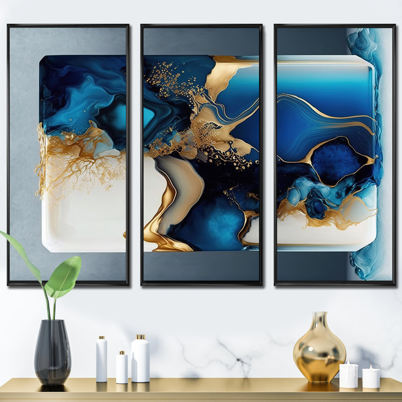 Géode abstraite, or et marbre bleu III, reproduction sur toile 3 pièces, Cadre flottant noir, H 28 po x l 36 po x P 1 po