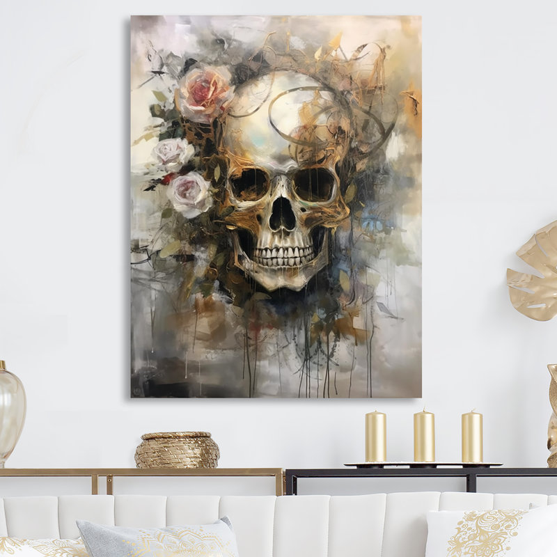 Crâne en fleurs roses - décoration murale en métal crâne floral, H 32 po x l 24 po x P 1 po