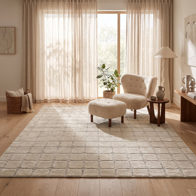 Tapis d'intérieur lavable à carreaux Seranova de Rug Branch, 244 x 335 cm, beige. Tapis moderne résistant aux taches, idéal pour le salon, la chambre à coucher, la salle à manger, la cuisine et le bureau.