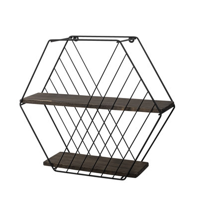Modern Geometric Wall Shelf, Black & Dark Walnut, 23.6 x 20.5 x 5.9 inches | 100% Spruce Wood (0.4 inches Thick) & 100% Metal Frame (0.06 inches Thick) | Stylish Storage Solution for Home & Office Décor