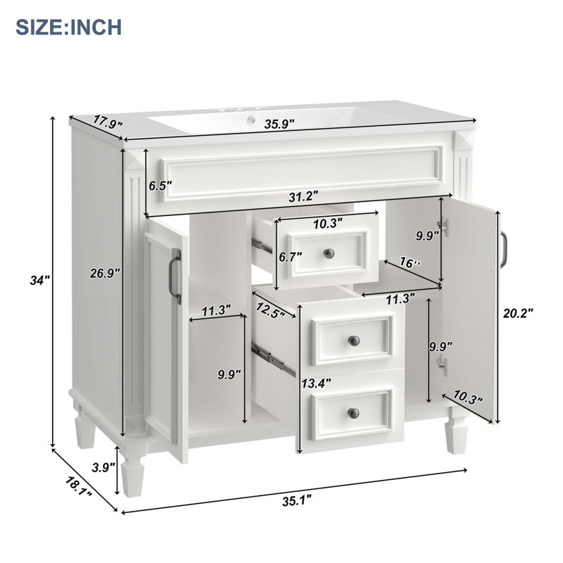Meuble-lavabo moderne 36 po avec lavabo supérieur, Blanc