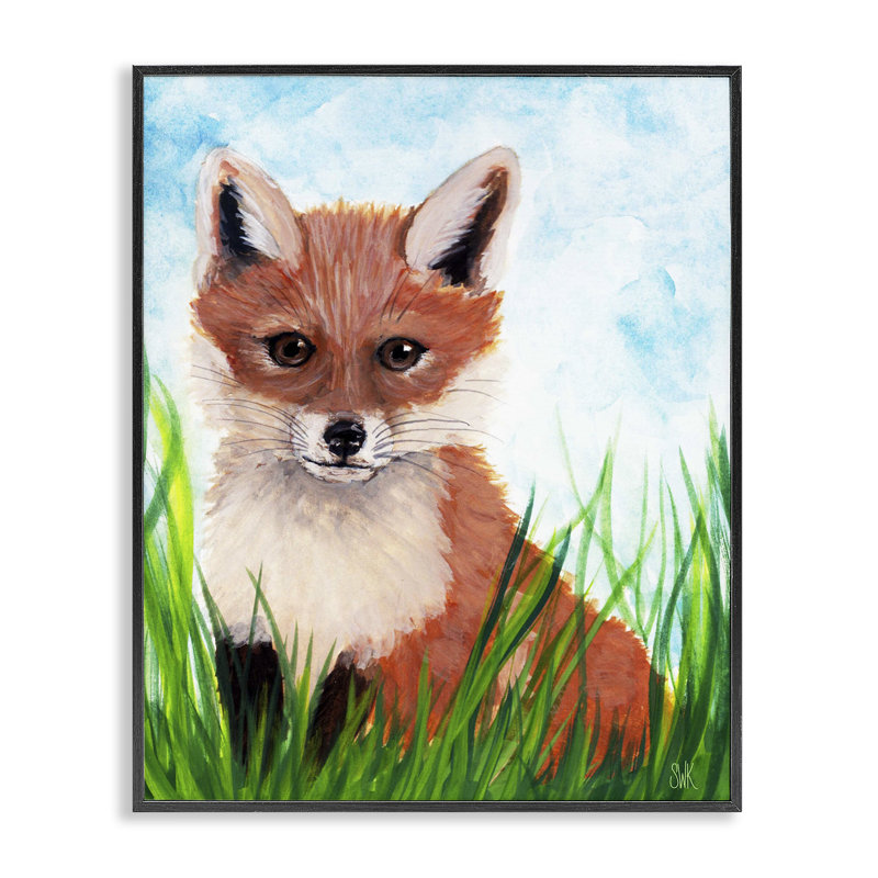 Bébé renard dans l'herbe, estampe numérique, design par Sarah Waldron Kimball, H 14 po x l 11 po, Giclée encadrée noir minuit