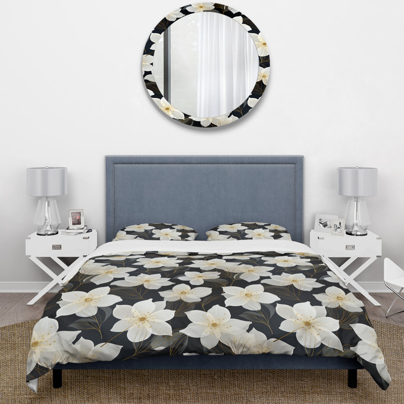 Ensemble de housse de couette à motif floral noir et ivoire II, Housse de couette pour grand lit et 2 taies décor