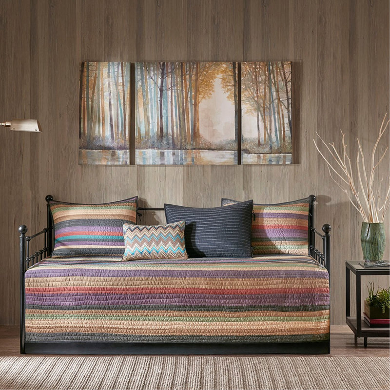 Ensemble de housse de lit de jour réversible 6 pièces avec rayures d'inspiration Lodge et microfibre confortable, parfait pour les chambres d'amis et facile d'entretien
